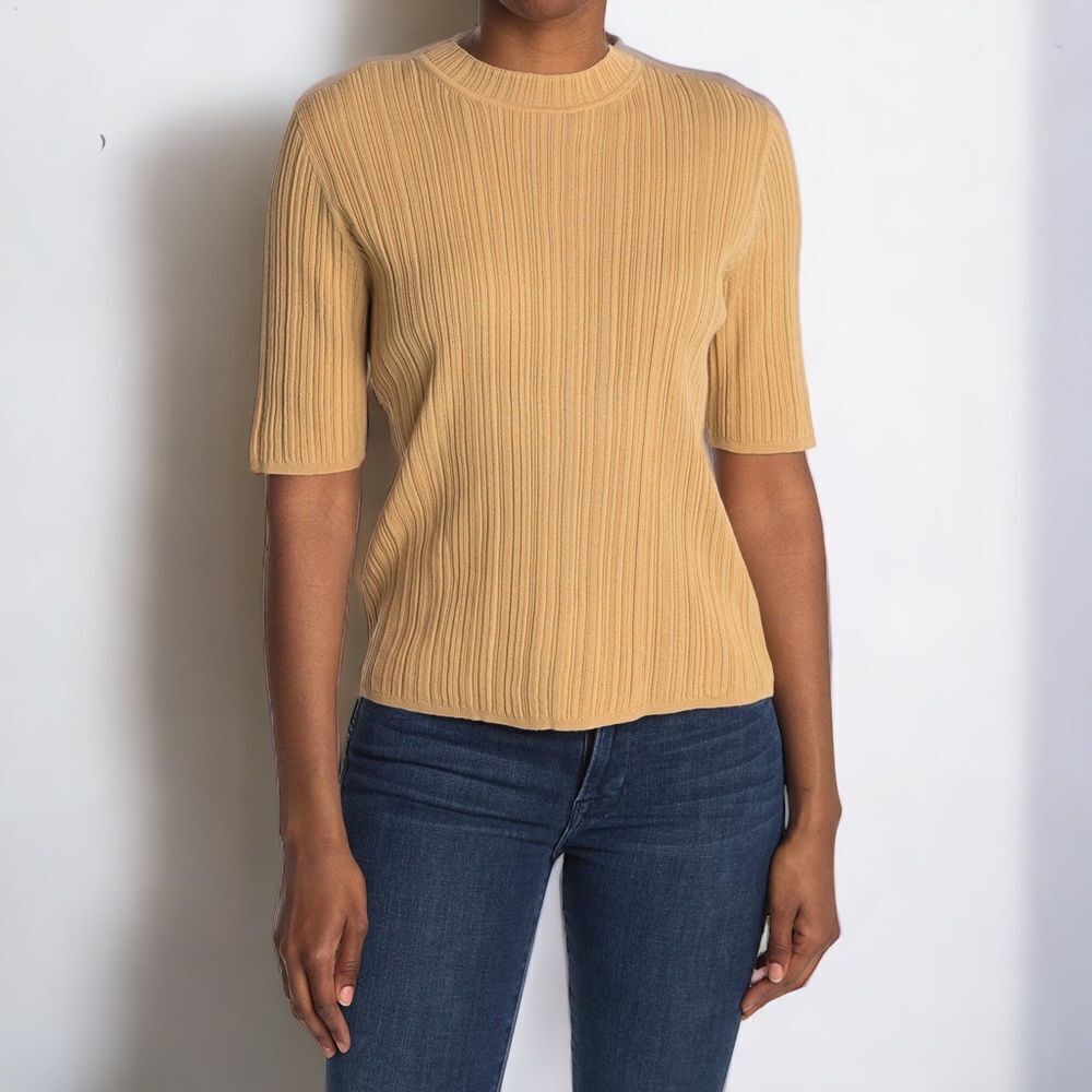 VINCE Variegated Ribbed Top in Open Beige M